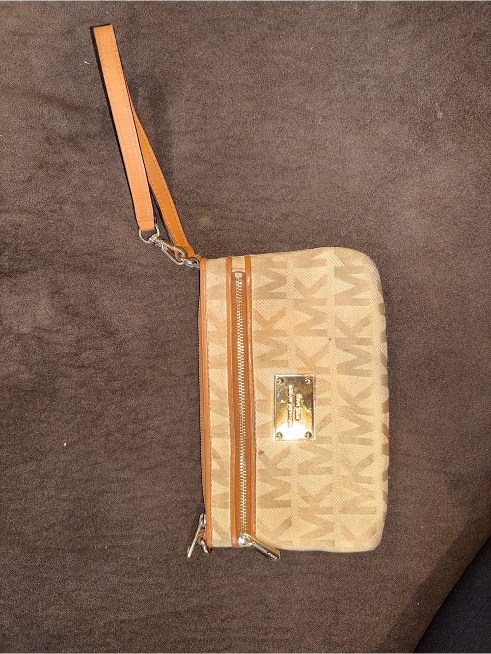 Michael Kors Beige Tan Signature Wristlet with Gold Plate